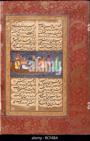 L'ancien passage à niveau de l'eau sur le Soufi son tapis de prière après avoir été refusé un passage par le passeur. Une peinture miniature d'un manuscrit du 17ème siècle de Sa'di Bustan ('The Flower-Garden'). Bustan. L'Inde, 1629. Source : ajouter. 27262, f.59v. Langue : Persan. Banque D'Images