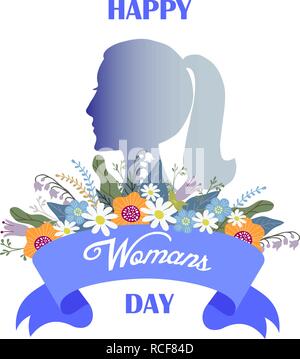 Heureux Jour de womans, Bouquet de fleurs et ruban avec texte et femme chef silhouette sur un fond blanc, vector Illustration de Vecteur