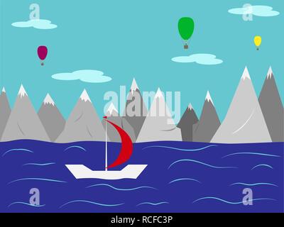 Paysage. Yacht avec un voile rouge dans la mer contre les montagnes aux sommets enneigés et des ballons dans le ciel Illustration de Vecteur