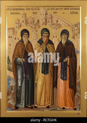 Saints Athanase, Nicholas, et Antonius, fondateurs de la saint et grand monastère de Vatoped. Musée : le Saint et grand monastère de Vatopedi, Athos. Auteur : icône grecque. Banque D'Images