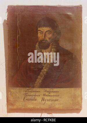 Portrait du chef d'une grande insurrection cosaque Pougatchov I. Yemelyan (ch. 1742-1775). Musée : Musée de l'État du Kremlin de Rostov, Rostov. Auteur : anonyme. Banque D'Images