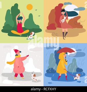 Une fille et quatre saisons et de la météo. La pluie, neige Illustration de Vecteur