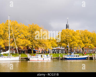 Voiliers amarrés à la jetée en marina, arbres en couleurs de l'automne et les nuages de tempête, Enkhuizen, Noord-Holland, Banque D'Images