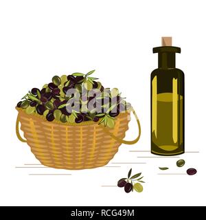 Panier avec vecteur récolte des olives mûres et les gleass bouteille avec de l'huile d'olive. Illustration de Vecteur