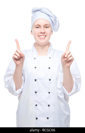 Chef tourné sur un fond blanc, des gestes avec les mains Banque D'Images