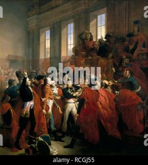 Le général Bonaparte entouré par les membres du Conseil des cinq cents à Boulogne-Billancourt, le 10 novembre 1799. Musée : Musée de l'histoire de la France, Le Château de Versailles. Auteur : BOUCHOT, François. Banque D'Images