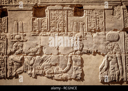 L'Égypte ancienne civilisation hyerogliphics sur un mur dans le temple de Philae Aswan Banque D'Images