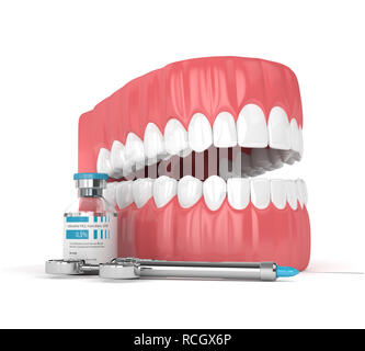 Mâchoire de rendu 3d avec la lidocaïne et la seringue sur fond blanc. Concept d'anesthésie dentaire. La lidocaïne est un composé chimique organique utilisé comme un loc Banque D'Images