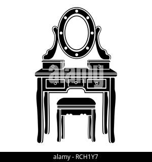 Coiffeuse avec miroir icône, logo, boudoir féminin pour silhouette maquillage, dessin en noir et blanc, vector illustration. Table avec étagères, miroir Illustration de Vecteur