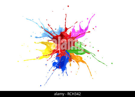 Rouge, bleu, rose, jaune, bleu clair, orange et vert peinture splash d'explosion. Isolé sur fond blanc. Banque D'Images