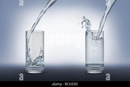 Deux verres à verser de l'eau, un plein avec splash et un de moins pleine. Vue latérale sur fond gris. Chemin de détourage inclus. Banque D'Images