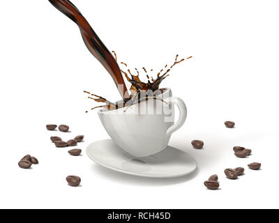 Pouring coffee avec splash en blanc tasse soucoupe en sautant avec quelques grains de café en plus sur le sol. Isolé sur fond blanc. Clipping path inc Banque D'Images