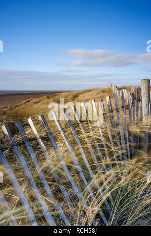 Le travail de conservation qui se déroulent sur la plage de St Annes, près de Blackpool sur la côte de Fylde. Banque D'Images