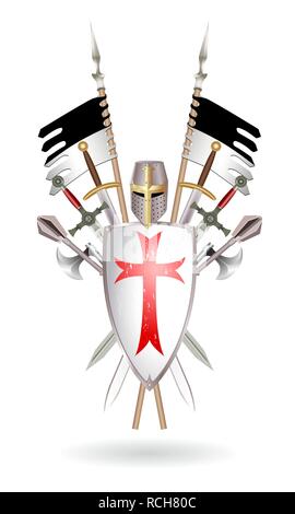 Templar tenue : le bouclier, épée, épée à deux mains, hache, mace, casque, standard. Illustration vecteur de couleur, réalisés sous la forme d'un blason sur fond blanc. Illustration de Vecteur