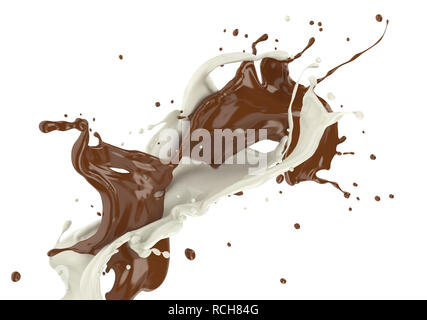 Le lait et le chocolat, ou de la peinture, la projection dans l'air l'un contre l'autre et le mélange. Sur fond blanc. Banque D'Images