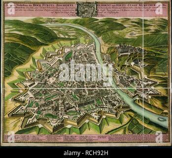 WÃ¼Rzburg. Vorstellung der Hoch précise-FÃ¼rstl. BischÃ¶FLM. R. NÃ¼rnberg : J.B. Homann, 1723. WÃ¼Rzburg, à l'Est. Le nouveau palais, la résidence du prince-évêque, s'affiche en haut à gauche. Sur la rive sud de la rivière Main, la forteresse de Marienberg au sommet de la colline. Image réalisée à partir d'exactitude Vorstellung der Hoch-FÃ¼rstl. BischÃ¶FLM. Haupt-Stadt- und Residenz Würzburg. Publié à l'origine/produit en NÃ¼rnberg : J.B. Homann, 1723. . Source : Cartes.*28855.(4). Langue : Allemand. Banque D'Images