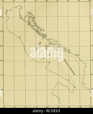 . Planctoncopepoden Die Adria. Faunistischen Versuch einer Übersicht. Planctoncopepoden Die Adria. 487 19° 20°. Kartenskizze (die eingetragenen arabischen Ziffern beziehen sich auf die im Verzeichnis der angegebenen Fundorte Zahlen). Terminologisches. Im Text der Diagnosen hier zu den angeführten genres und wurde die nachstehend Espèce erläuterte Terminologie für die être Kürperabschnitte- mischtechnik der Anhänge und ihrer angewandt : Der Rumpf aus den Regionen il S : Kopf, Thorax und ab- domen. Der Kopf trägt appartements - chauve dem vorhandenen, chauve, dans Medianlinie fehlenden der d Banque D'Images