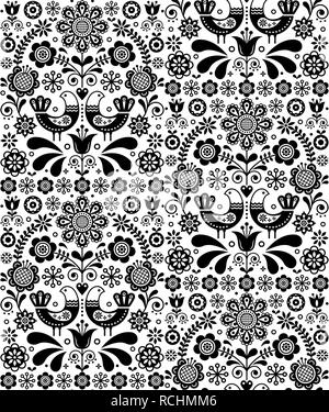 Seamless vector art folk Scandinave, motif floral fond répétitif avec oiseaux et fleurs, ornement monochrome. Floral décoratif mural ethnique Illustration de Vecteur