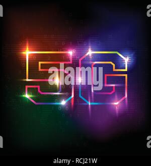 5G Réseau mondial d'innovation à haute vitesse Taux de données de connexion de la technologie. Le symbole 5G de couleur sombre sur fond de données numériques et de code binaire nombre de flux Illustration de Vecteur