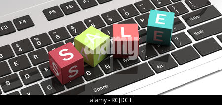 Vente en ligne concept. Vente texte lettres sur les cubes colorés sur un ordinateur portable. 3d illustration Banque D'Images