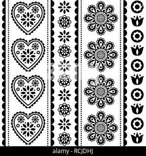 Seamless vector art folk Scandinave avec motif de fleurs et de coeurs, noir et blanc Décoration nordique - design rayures long Illustration de Vecteur