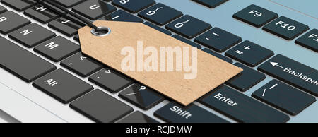 Vente en ligne concept. Le papier blanc gift tag sur un ordinateur portable Clavier, bannière. 3d illustration Banque D'Images