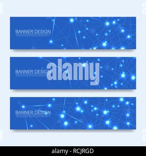 Molécules abstraites avec bannières lignes, points, cercles, polygones. Arrière-plan de communication réseau conception de scénario. Digital science futuriste concept technologique pour le web modèle de page ou d'une brochure. Illustration de Vecteur