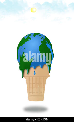 Le réchauffement est illustré avec un melting ice cream cone et la glace semble également être un globe de plan de masse. C'est une illustration. Banque D'Images