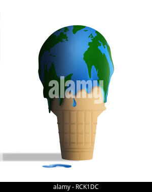 Le réchauffement est illustré avec un melting ice cream cone et la glace semble également être un globe de plan de masse. C'est une illustration. Banque D'Images