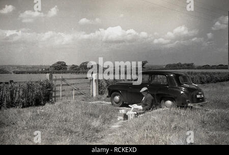 1950s, historique, à l'extérieur sur une zone herbeuse à côté d'un champ dans la campagne, une dame assise près de sa voiture de l'époque, ayant un pique-nique, Angleterre, Royaume-Uni. Banque D'Images