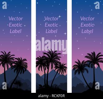 Des étiquettes avec un paysage tropical, palmiers et plantes exotiques silhouettes noires sur fond de nuit avec ciel étoilé. Vector Illustration de Vecteur
