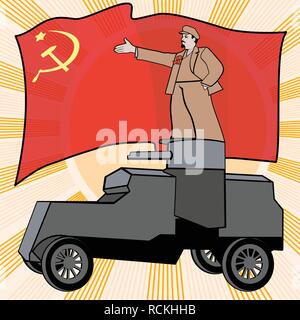 Lénine sur la voiture blindée sur fond de drapeau rouge. Poster, satire, vector illustration. Illustration de Vecteur