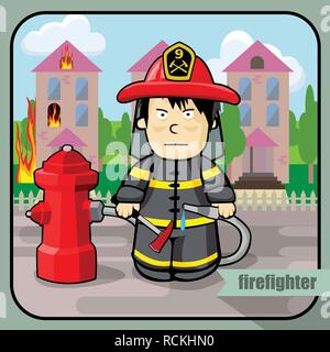 Personne portrait caractère vectoriel. Portrait de pompier isolé sur un immeuble en arrière-plan. Style de dessin animé. Les droits de l'icône de profession. Illustration de Vecteur