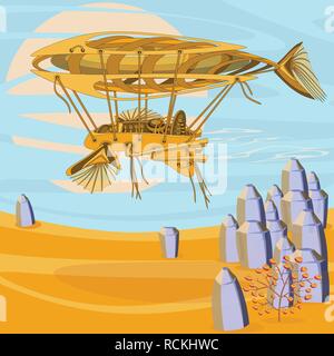 Dirigeable Zeppelin fantastique au-dessus du désert. Conception de tatouage steampunk ou futuriste. Pliable vectorielles composition. Illustration de Vecteur