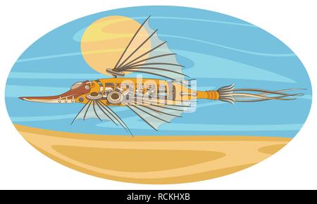 Mécanisme flottant et vol fantastique avec des ailes, ressemblant à un poisson ou un oiseau. Design futuriste ou steampunk. Pliable illustrat vectorielles Illustration de Vecteur