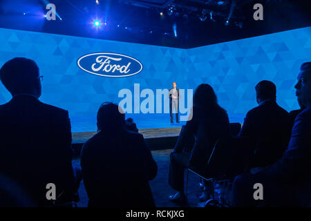 Detroit, Michigan - William Clay Ford Jr., président exécutif de Ford Motor Company, Ford parle comme introduit de nouveaux véhicules à l'intégration de l'Amérique du Nord Banque D'Images
