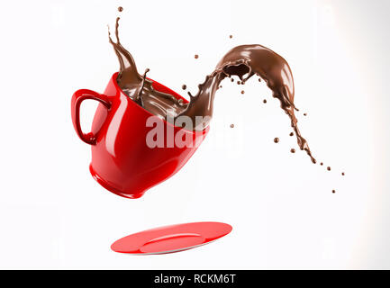 Mug porcelaine rouge tasse et soucoupe sautant avec chocolat liquide splash vague. Isolé sur fond blanc. Banque D'Images