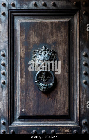 Devil's head heurtoir de porte en bronze sur une poignée de porte en bois Banque D'Images