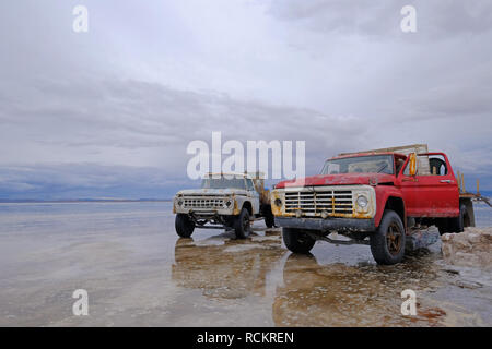 Uyuni, Bolivie, le 31 janvier 2018 : vieux camions sur reflète la surface du Salar de Uyuni Uyuni, Bolivie, télévision Banque D'Images