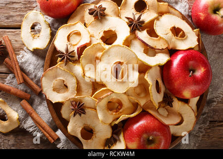 Copeaux de pomme croustillante à base de fruits sur une assiette sur la table. haut horizontale Vue de dessus Banque D'Images