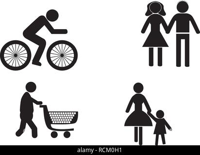 Couple, Bicycle Rider, mère de famille, homme shopping trolley pack avec silhouettes Illustration de Vecteur