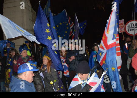 Nuit de la voter au Parlement le 15 janvier 2019. Prise en charge de l'Union européenne Pro se rassemblent pour chanter après le résultat a été déclaré. Banque D'Images