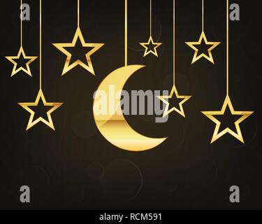 Arrière-plan de célébration avec un accrochage d'or la lune et les étoiles. Vector illustration. Message d'accueil de fête Illustration de Vecteur
