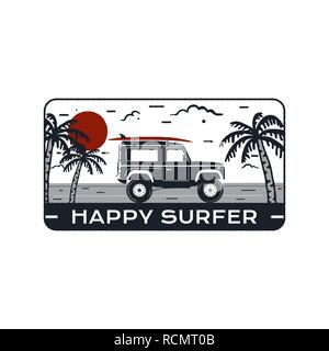 Logo emblème de surf. Vintage travel badge dessiné à la main, de l'affiche. Doté d''équitation, location de surf sur la plage et mer paysage. Surfer heureux citation. Silhouette d'été vecteur Stock insignia Illustration de Vecteur