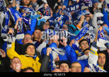 Pilsen, République tchèque. 15 Jan, 2019. HC Skoda Plzen fans en action pendant le match retour de Ligue des champions de hockey sur glace HC demi-finale play off Skoda Plzen vs Frolunda Indiens, le 15 janvier 2018, dans la région de Pilsen, République tchèque. Photo : CTK Miroslav Chaloupka/Photo/Alamy Live News Banque D'Images