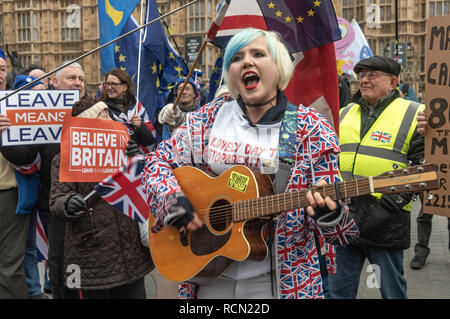 Londres, Royaume-Uni. 15 janvier 2019. Chemise jaune protestataires essayer de crier vers le bas UE Supergirl Madeleina Kay (Alba White Wolf) comme elle chante dans l'éloge de l'Europe. Les groupes contre la sortie de l'UE, y compris SODEM, Mouvement pour la justice et dans l'incertitude et Brexiteers signifie laisser partir et d'autres protestations en face du Parlement comme Theresa May's Brexit traiter a été débattu. Crédit : Peter Marshall/Alamy Live News Banque D'Images