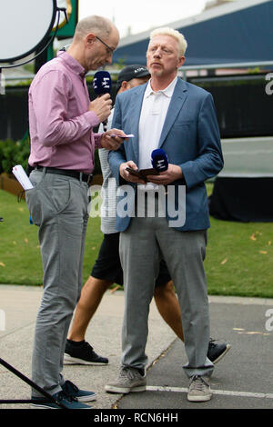 Melbourne, Australie. 16 janvier, 2019. Boris Becker au cours de son travail pour la chaîne de télévision Eurosport à l'Australian Open 2019 Tournoi de tennis du Grand Chelem à Melbourne, Australie. Frank Molter/Alamy live news Banque D'Images