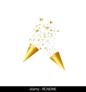 Popper parti isolé. Confettis d'or. Vector illustration. Joyeux anniversaire concept Illustration de Vecteur
