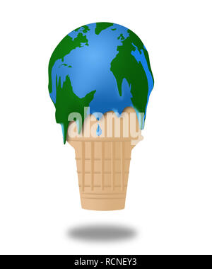 Le réchauffement est illustré avec un melting ice cream cone et la glace semble également être un globe de plan de masse. C'est une illustration. Banque D'Images