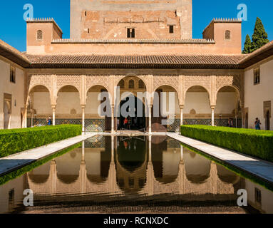 La Cour des Myrtes avec de l'eau extérieure réflexions, Palais Nasrides, Palais de l'Alhambra, Grenade, Andalousie, Espagne Banque D'Images